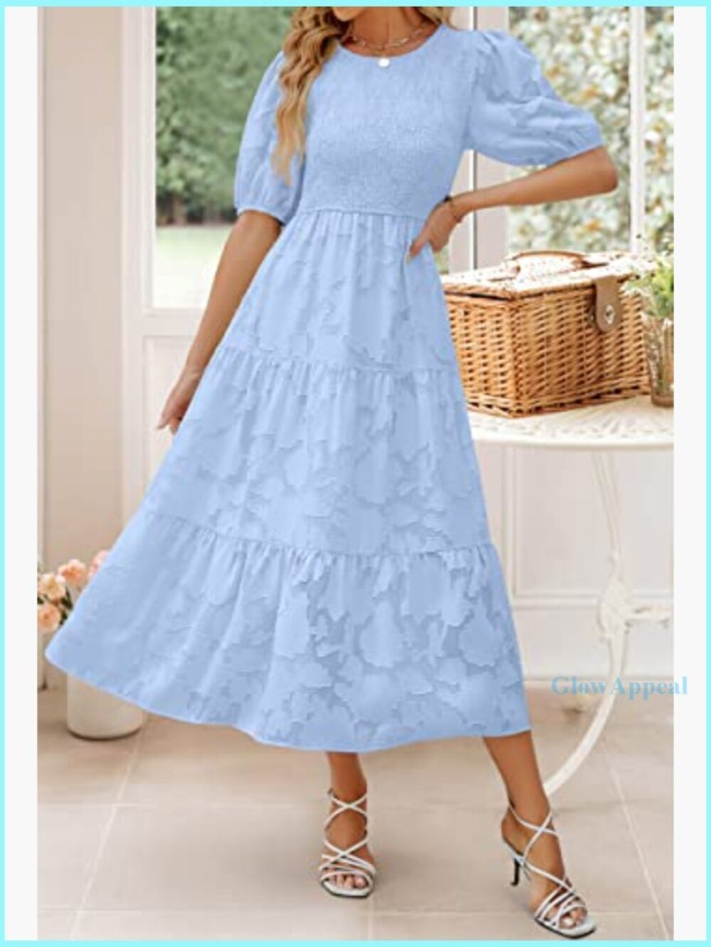 Summer Puff Sleeve Smocked Maxi Dress Floral Lace Tiered Midi - Picture 2 of 7